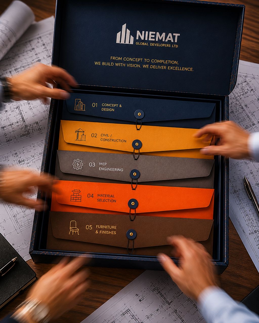 Niemat team member reaching into a branded box of service folders on a blueprint background