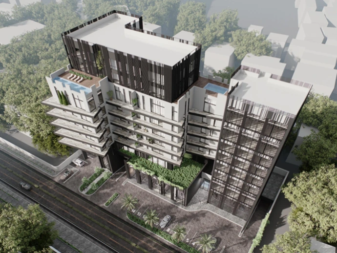 Labone Viviene — dramatic multi-storey luxury residential tower with rooftop pool, Accra