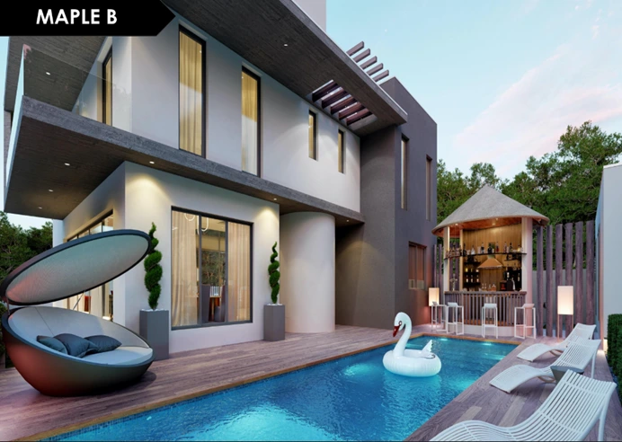 Mulburry in Cantonment — private pool and outdoor entertainment pavilion at dusk